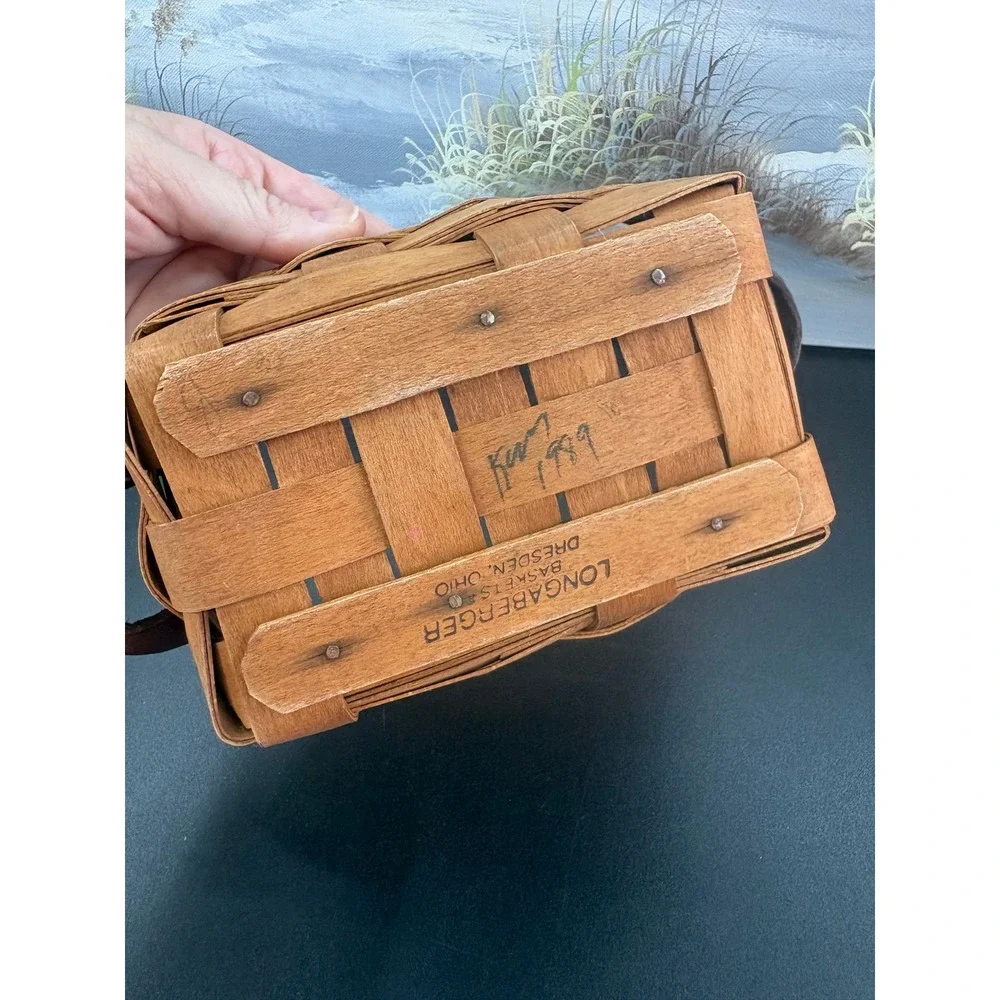 Longaberger 1989 Rectangular Woven Wood Basket with Leather Handles Dresden Ohio